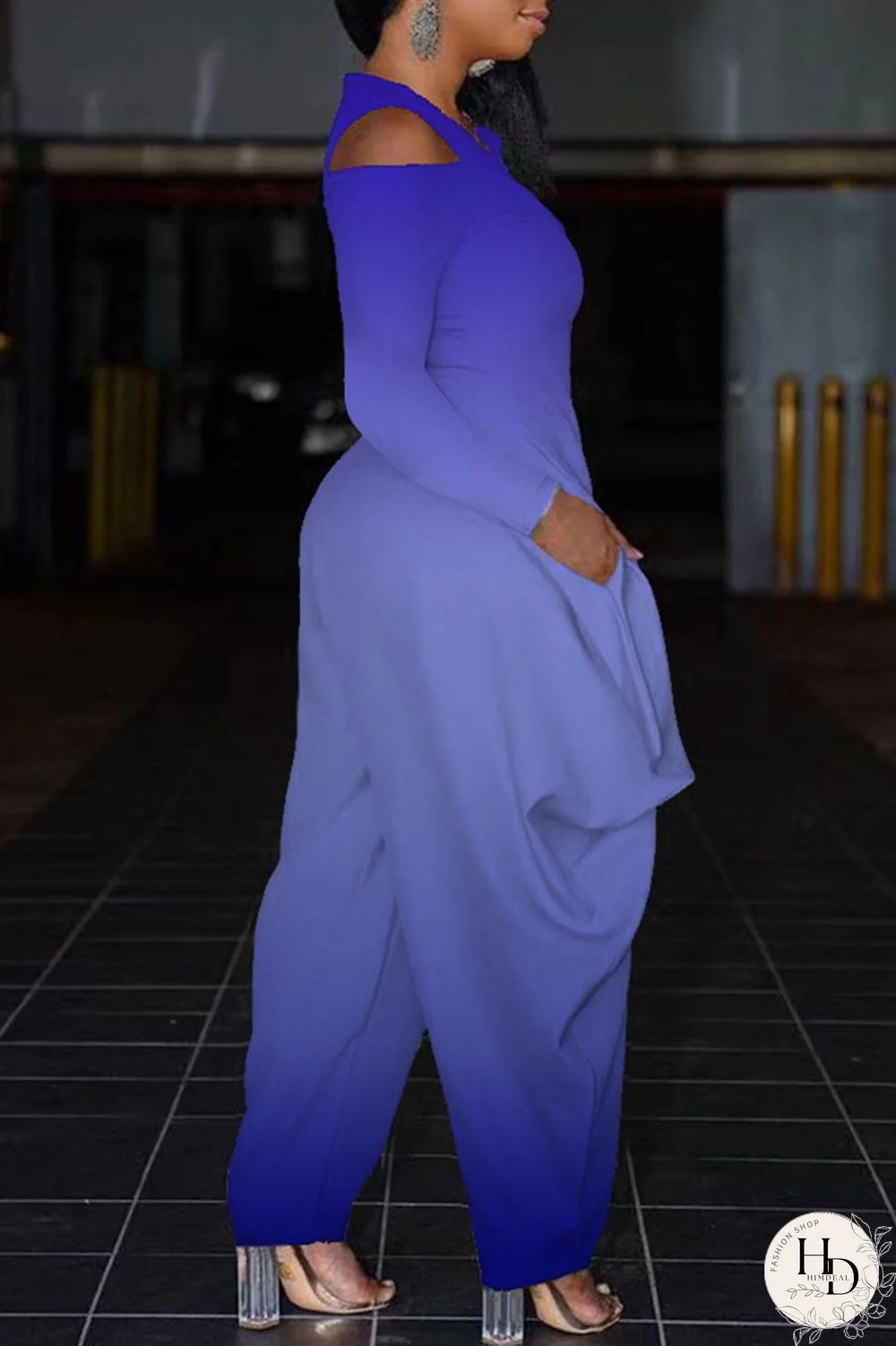 Blue Fashion Casual Gradual Change Print Hollowed Out V Neck Regular Jumpsuits