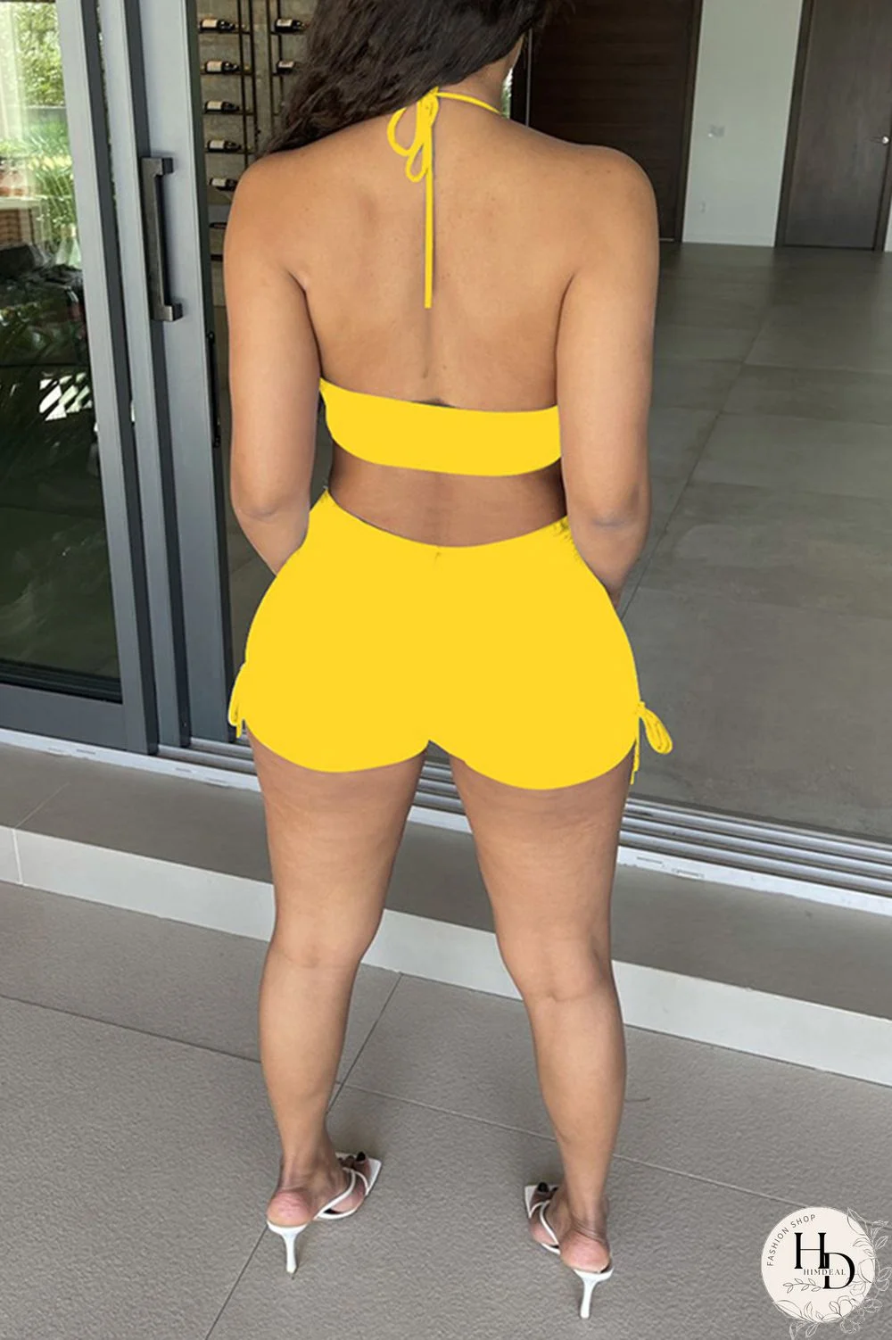 Black Fashion Sexy Solid Backless Halter Sleeveless Two Pieces