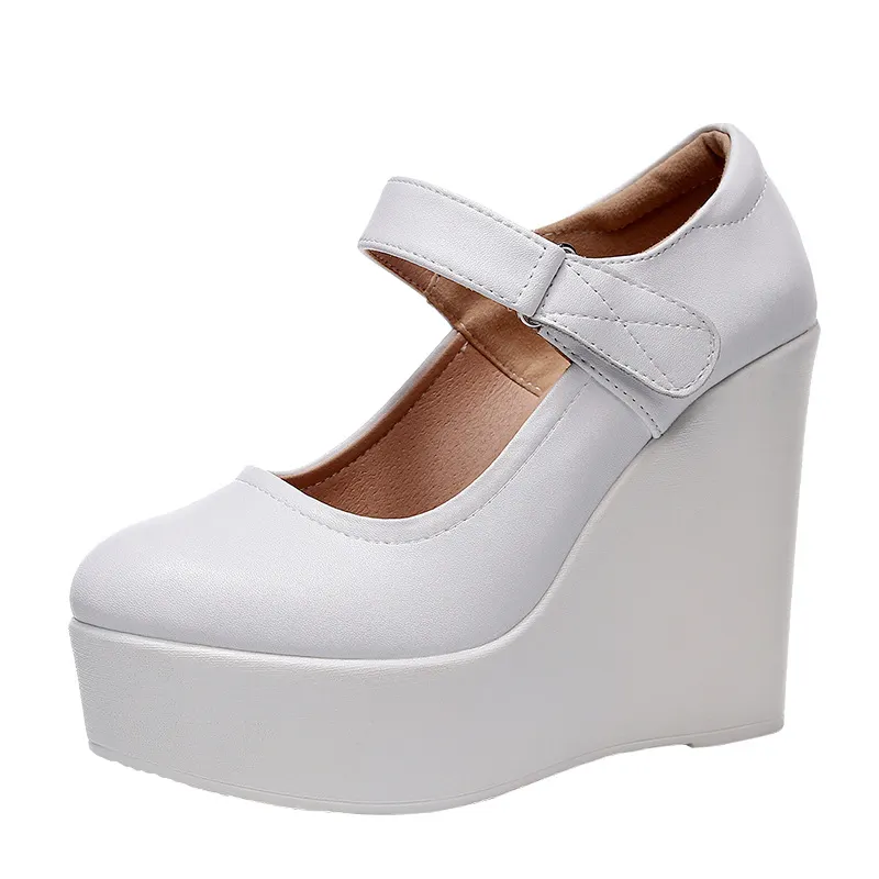 Breakj Breakj High-Slope Single-Shoe Round Cheongsam Shoes Shallow Walking Shoes Waterproof Table Thick-Soled Size 43 Magic Sticker Women's Shoes