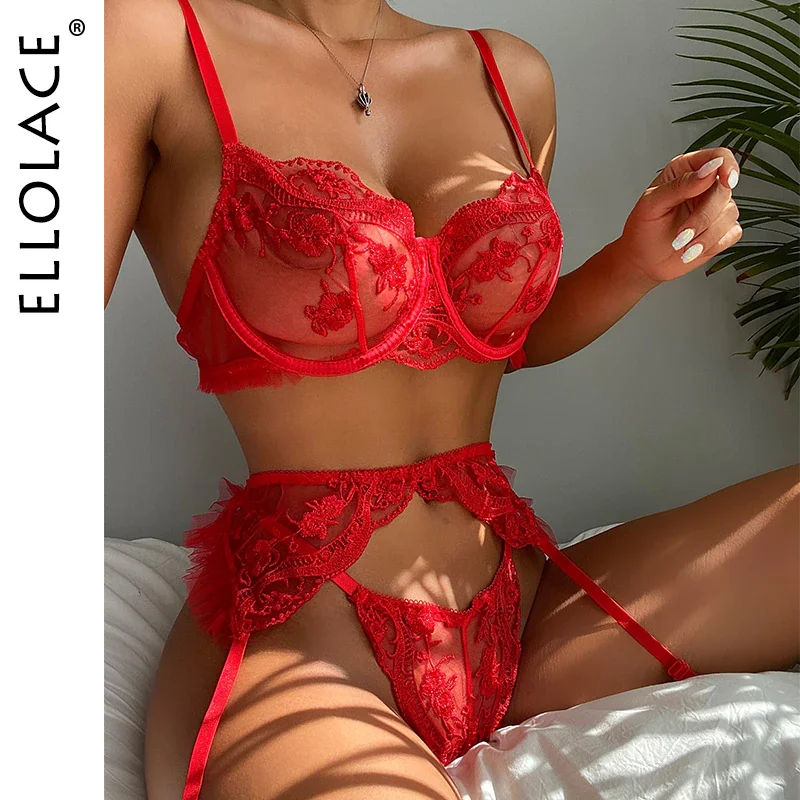 Uaang Ellolace Sensual Lingerie Red Lace Transparent Bra Garters Thongs Embroidery Fancy Bilizna Set Sexy Costume 3-Pieces Intimate