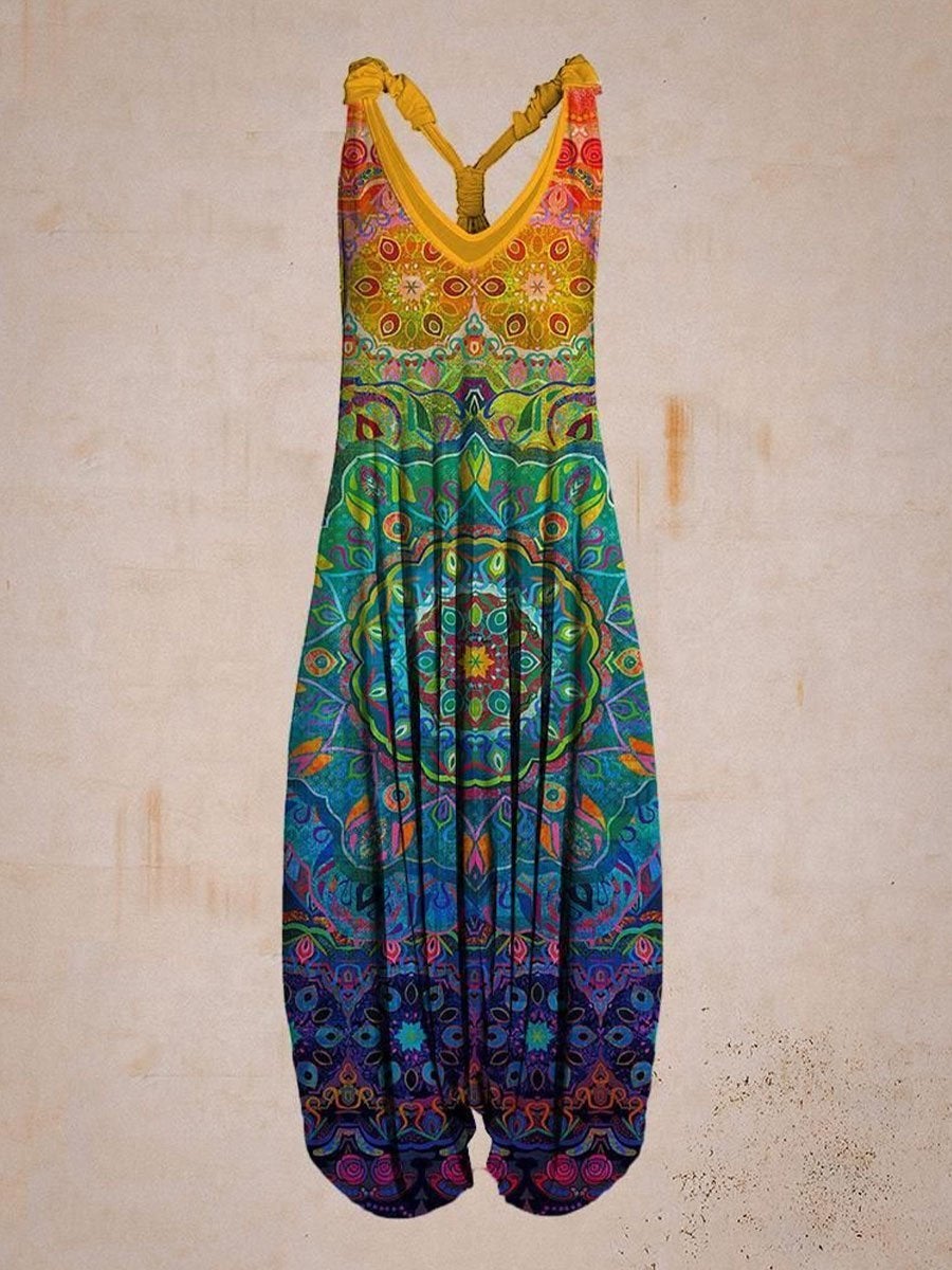 Rotimia Women Retro Colorful Pattern Print Sleeveless Harem Jumpsuit