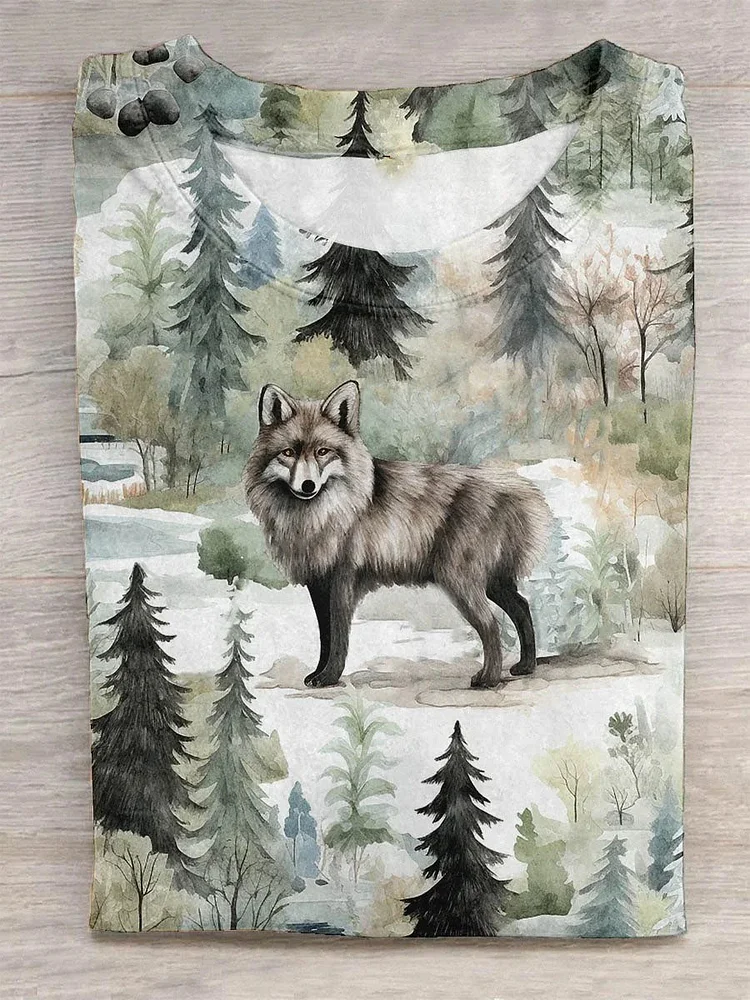 Wolf In The Woods Print Casual T-shirt