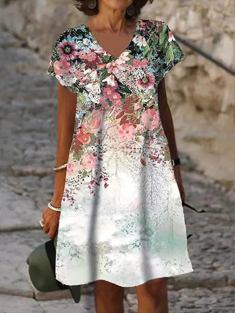 Floral Art Print Short Sleeve V Neck Mini Dress