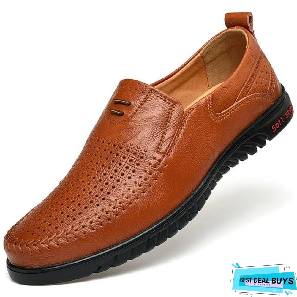 New Openwork Men Black Loafer Perforated Shoes Leather Flats Driving Shoes Business Men's Shoes