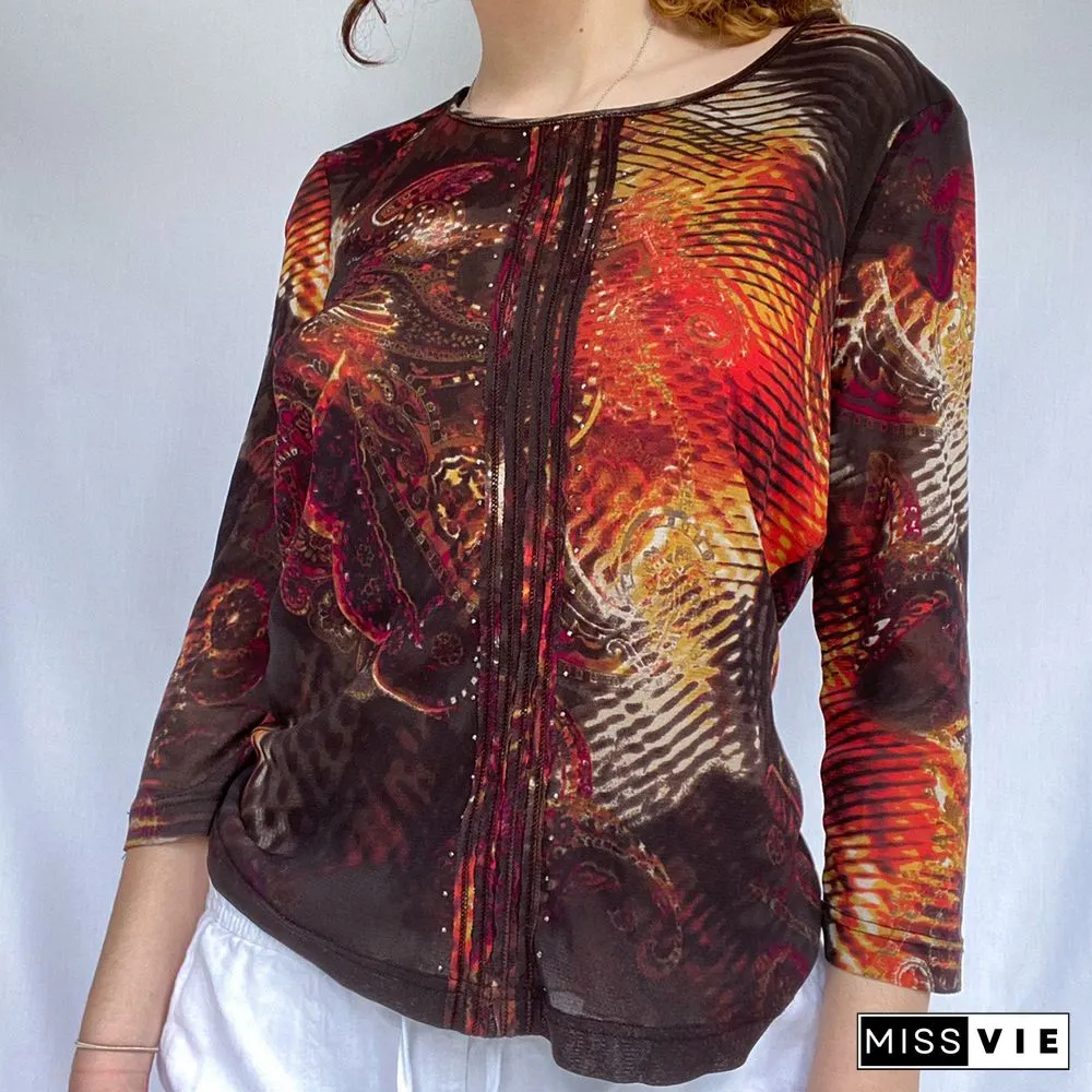 Y2K Autumn Womens Vintage Slim Round-neck Stitch Cropped Tops Ladies Retro Printed Long