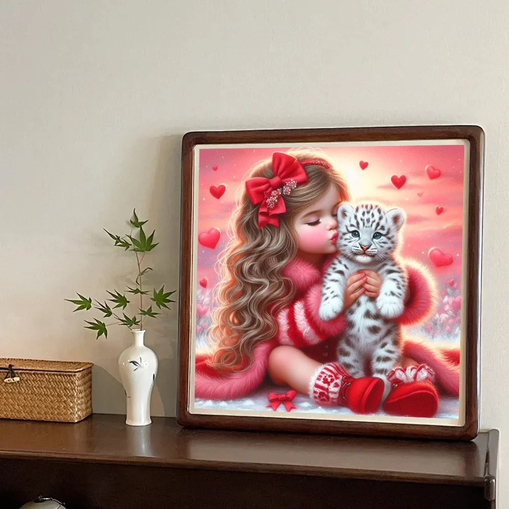 Diamond Painting - Full Round Drill - Loving Girl White Tiger(Canvas|40*40cm)
