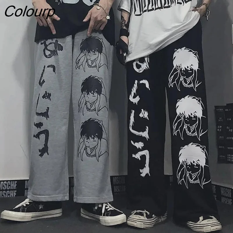 Colourp Japanese Printed Wide Leg Pants Men Women Sweatpants Unisex Hip Hop Gothic Retro Casual Jogging Trousers Male Streetwear