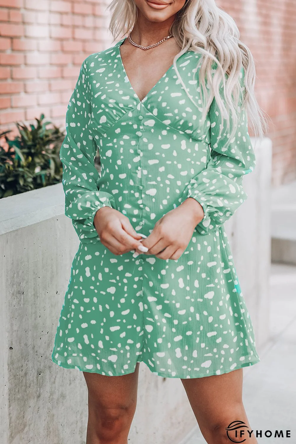 Green Polka Dot Print V Neck Mini Dress | IFYHOME