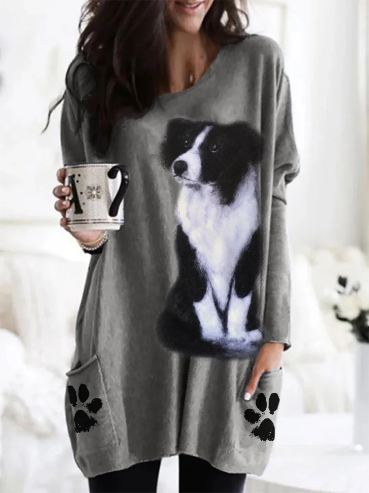 Border Collie Dog Plush Paw Prints Cozy Tunic