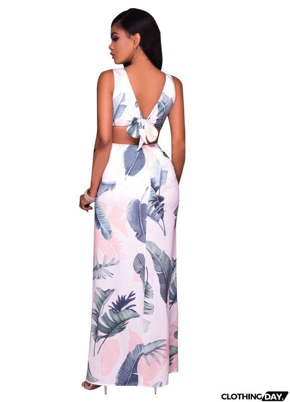 Deep V Plunge Leaves Print Maxi Dress