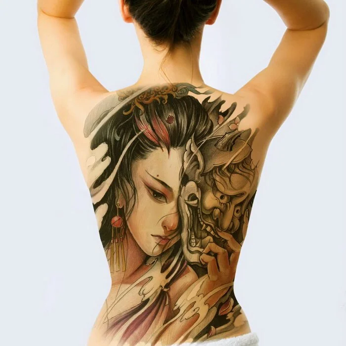 New 48*35cm Large geisha Tattoos Men Women Waterproof Big Temporary Tattoo Stickers Full Back Body art Fake Tattoo dragon skull