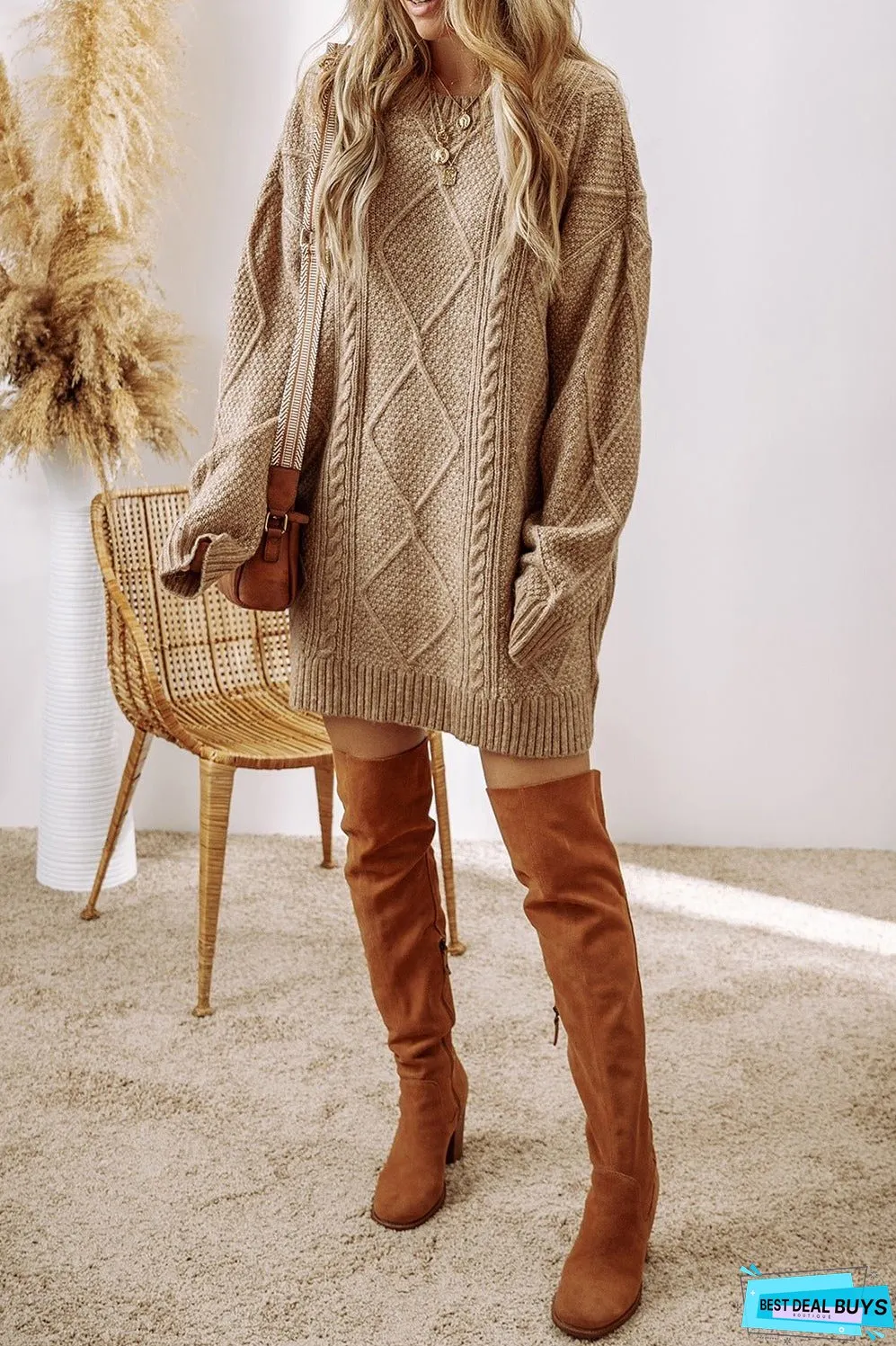 Cable-Knit Round Neck Sweater Dress