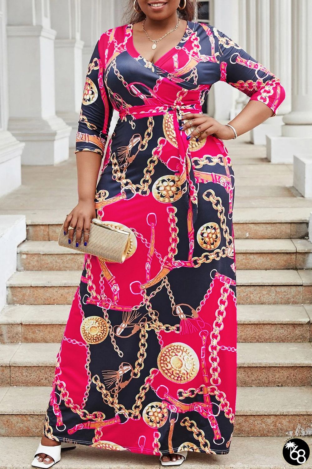 Casual Print Frenulum V Neck Long Dress Dresses | 168DEAL