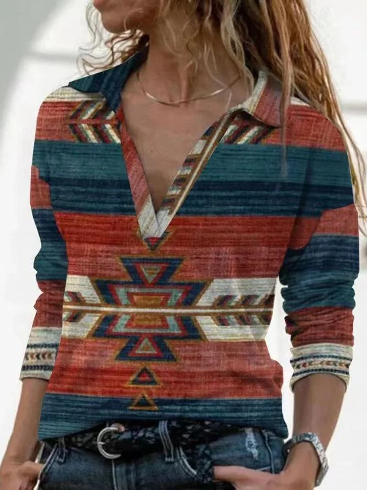 Aztec Geometric Women's Long Sleeve V-neck Printed Tops