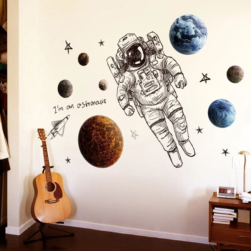 Nordic Astronaut Wall Stickers Outer space Planet Decorative Stickers Kids Room Baby Nursery Wall Decals Home Decor Galaxy PVC