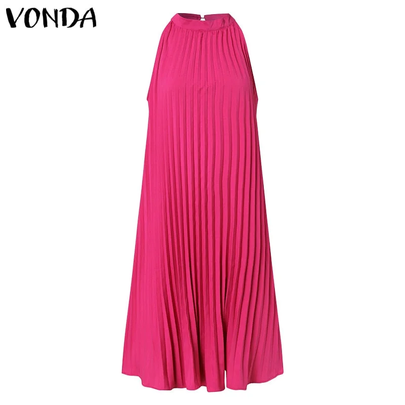 Elegant Satin Slik Dress Women Sexy Sleeveless Stand Collar Evening Party Long Dresses 2022 VONDA  Beach Sundress Casual Vestido