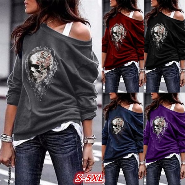 Spring and Autumn New Women Punk Long Sleeve Blouse Women Fashion Skull Printed Pullover Top Personality One Shoulder Gothic Tops Ladies Casual Soft Loose Tops S-5XL 5 Colors - BlackFridayBuys