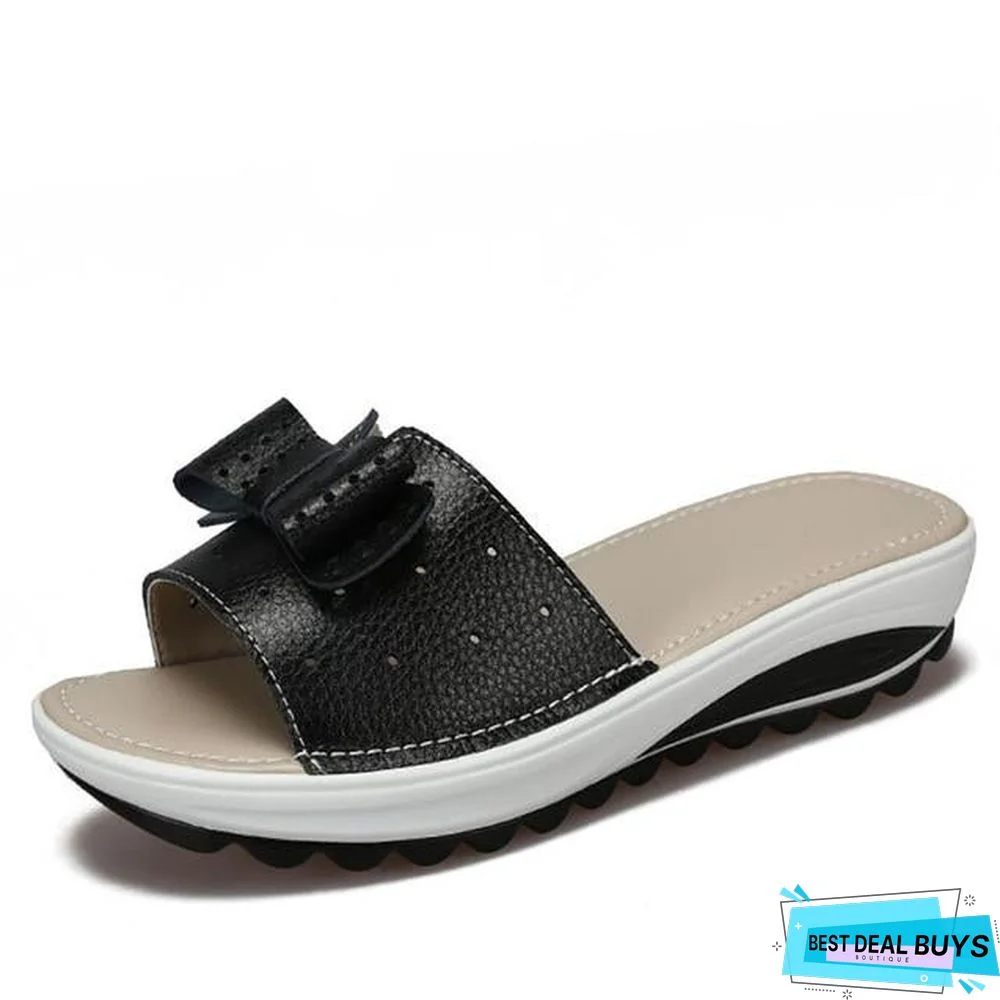 Summer Women Butterfly Knot Pu Leather Cut Out Flat Heels Slippers Sandals