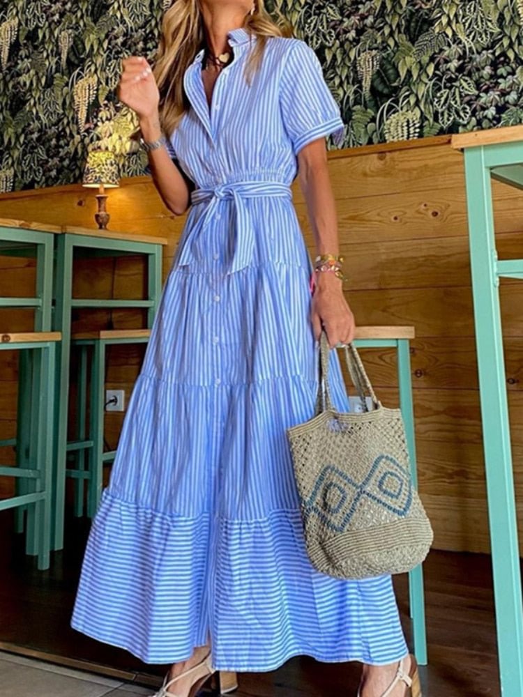 CM.YAYA Women Long Dress Striped Short Sleeve Turn-down Collar Single Breasted Bandage Sashes A-line Maxi Dresses Summer Outfits
