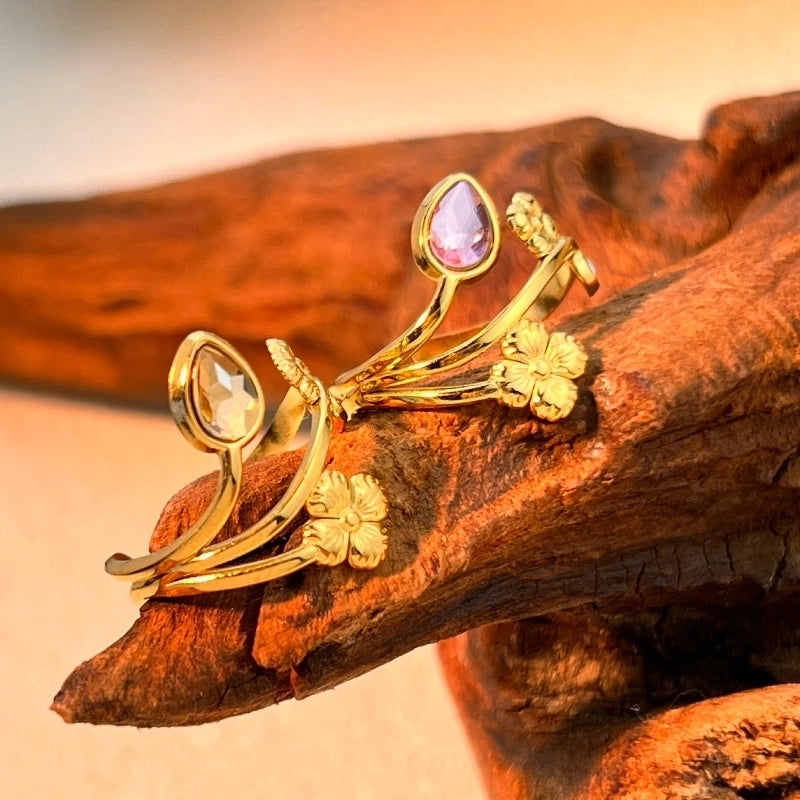 Casual Retro Classic Style Flower 304 Stainless Steel Zircon 18K Gold Plated Plating Open Rings