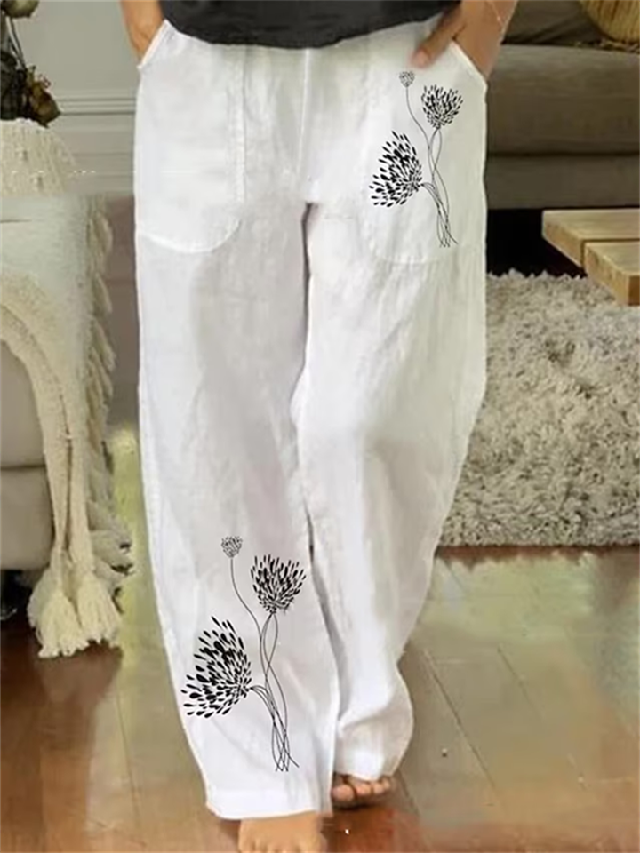 Women's Wide Leg Pants Trousers Linen White Fashion Holiday Weekend Side Pockets Wide Leg Full Length Comfort Floral S M L XL 2XL-Hoverseek