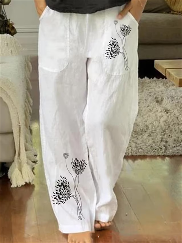 Women's Wide Leg Pants Trousers Linen White Fashion Holiday Weekend Side Pockets Wide Leg Full Length Comfort Floral S M L XL 2XL