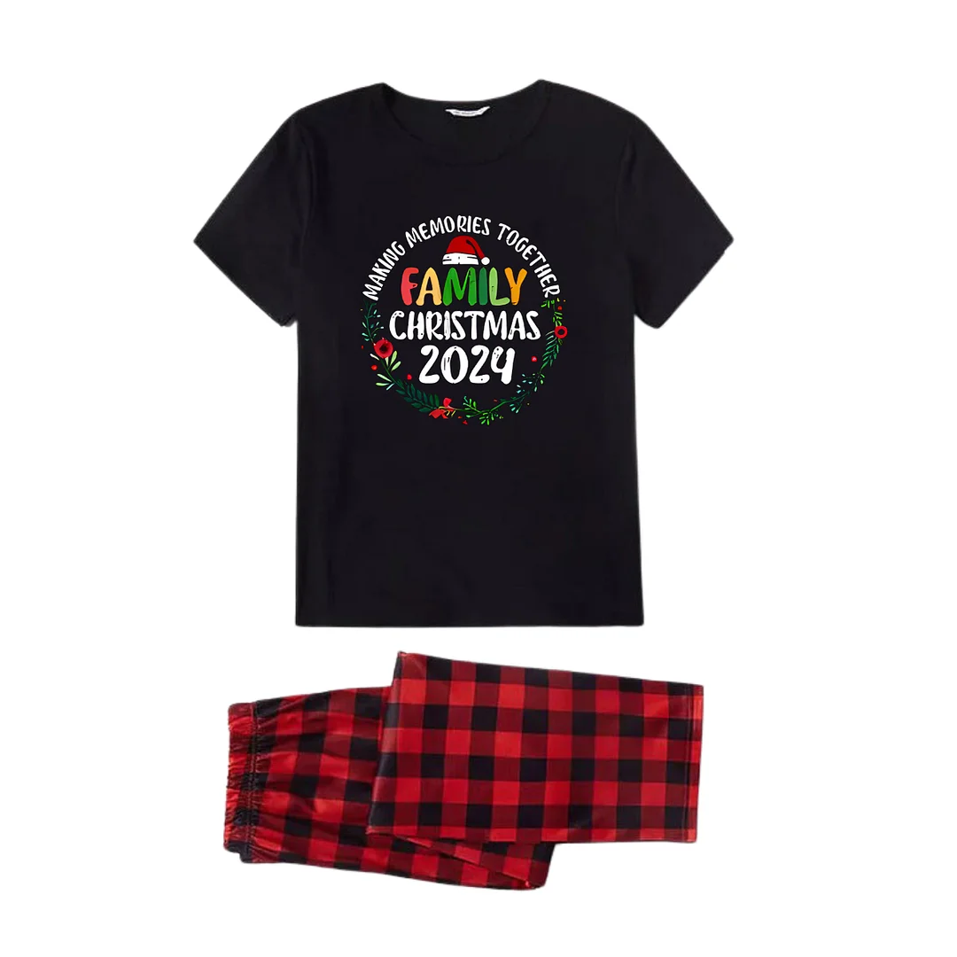 "Family Christmas 2024 Making Memories Together" Pattern Ⅱ- Black Short Sleeve with Red & Black Plaid Pant Family Matching Pajamas