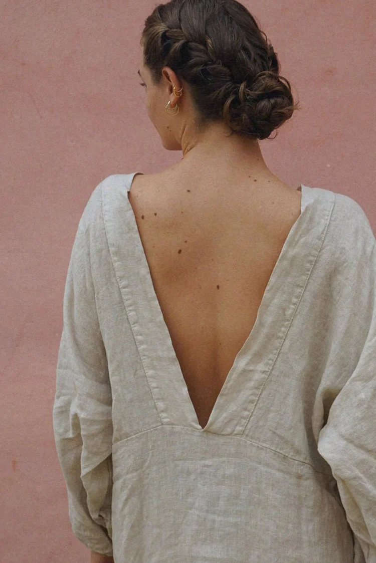 Linen V-neck Back Tie Long Solid Color Dress