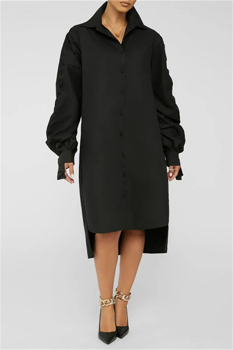 Solid Color Embroidered Patchwork Slit Turndown Collar Long Sleeve Dresses(4 Colors)