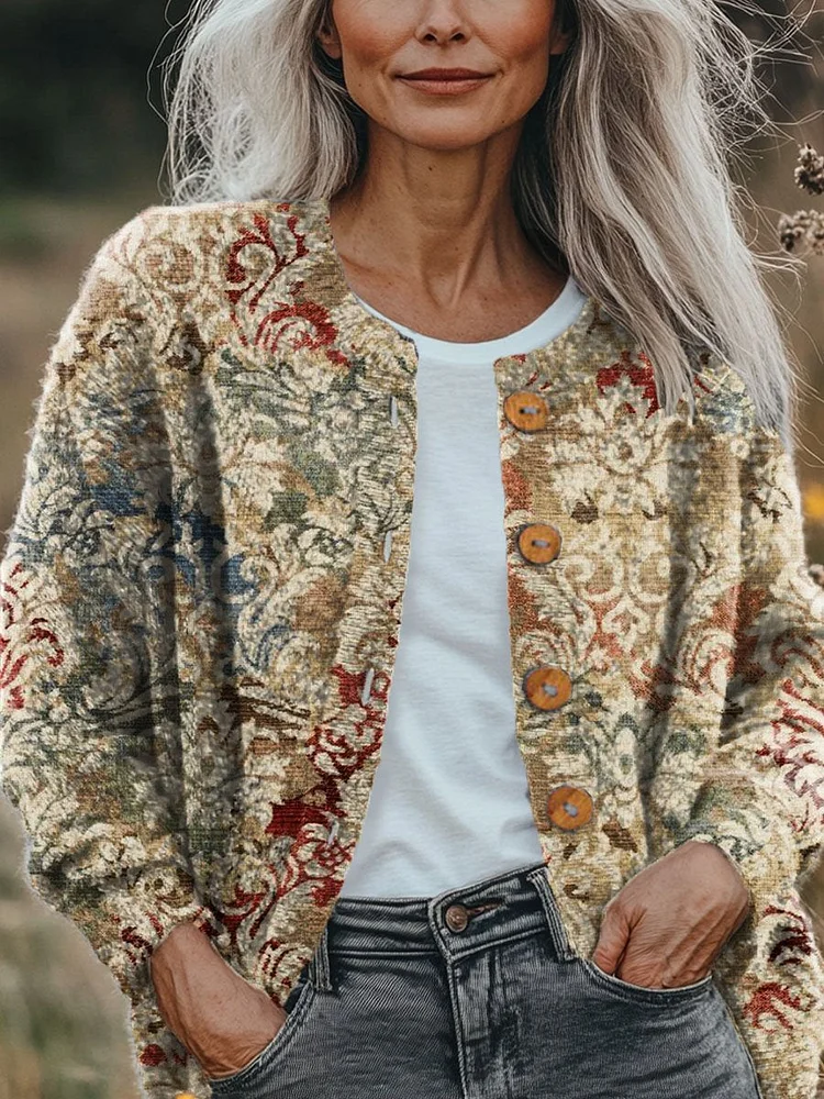Women's Vintage Lovely Floral Art Print Buttoned Cardigan Sweater