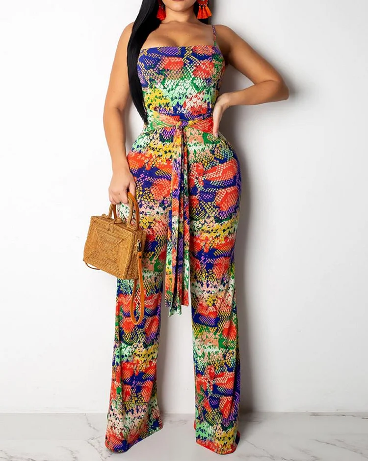Off-the-shoulder Cutout Print Tie Jumpsuit