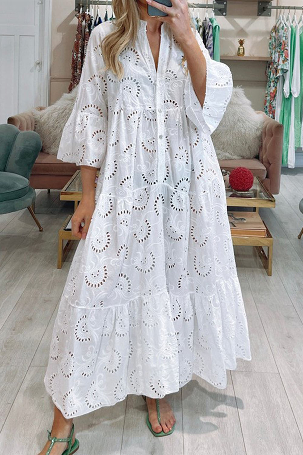 Plus Size Everyday White Cotton Lace Hollow Out Flare Sleeve Maxi Dress 2024 - Flycurvy 