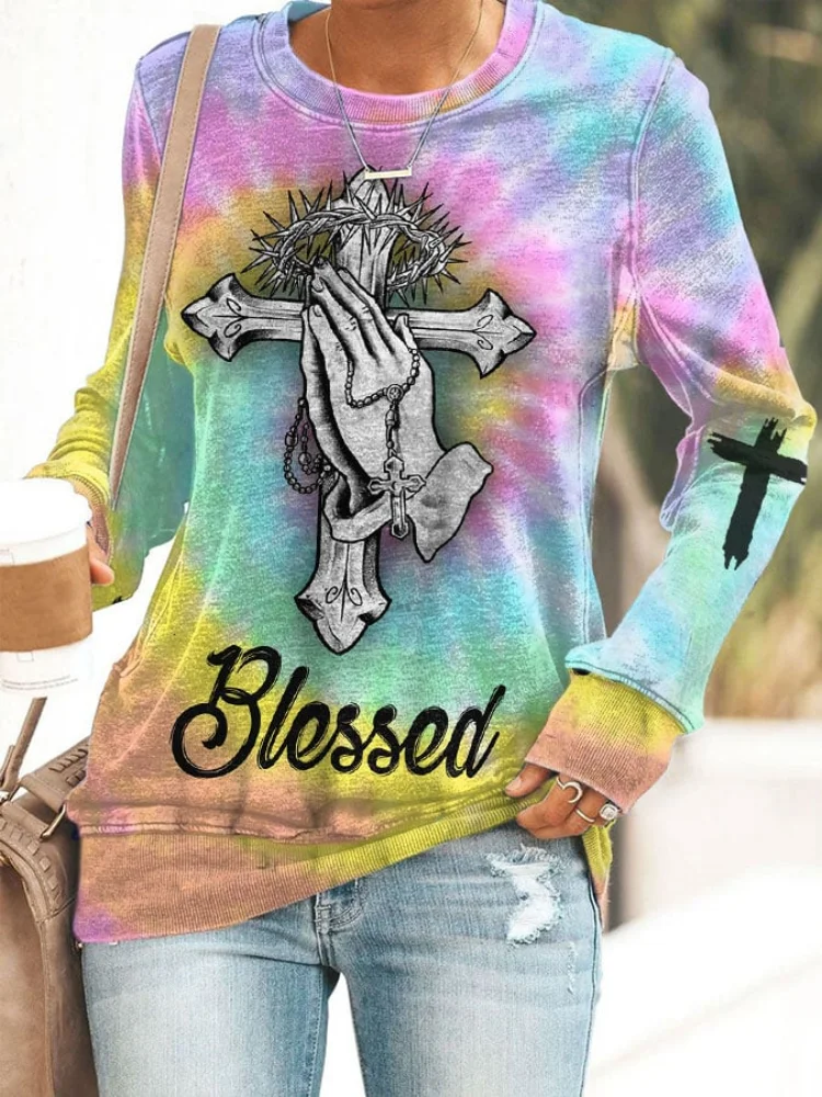 Vefave Blessed Jesus Tie Dye Print Casual Sweatshirt