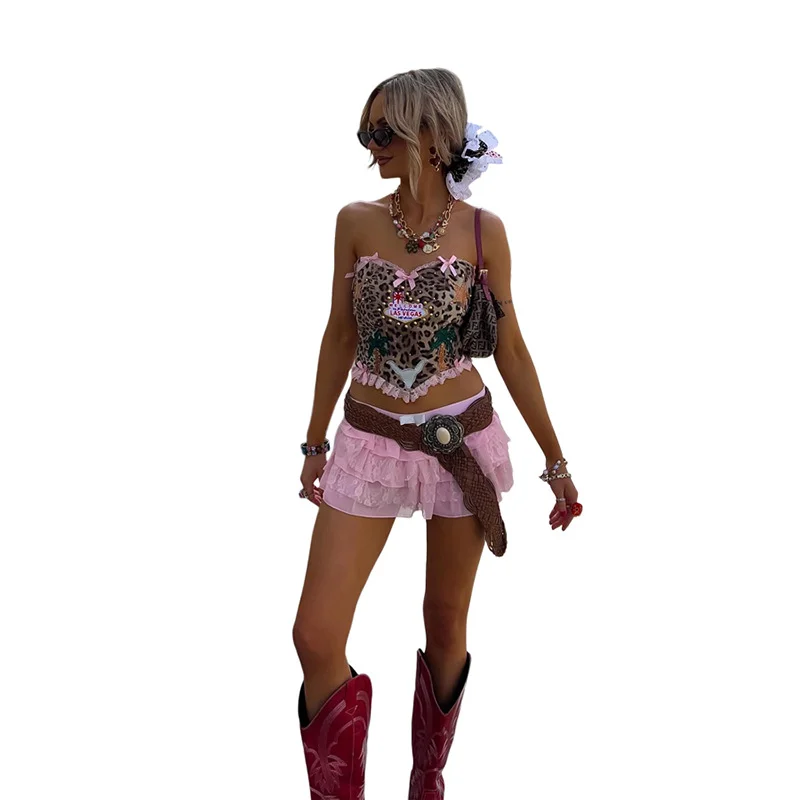 Uveng 2024 Summer New Women's Fresh Sweet Bow Leopard Dew Back Repair Vest