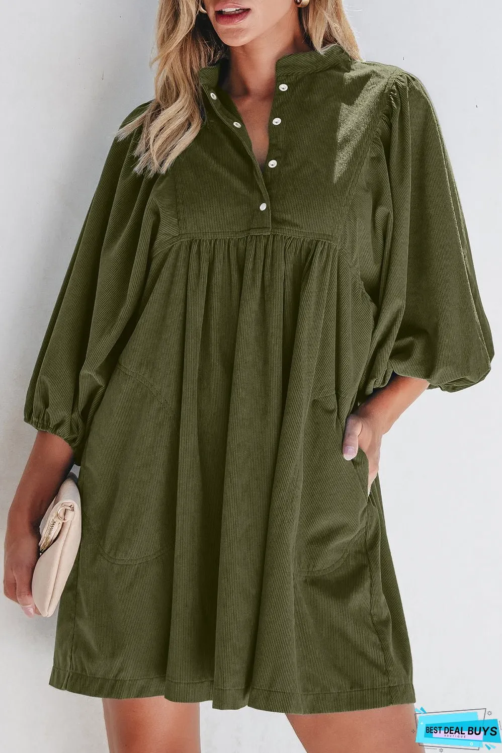 Vineyard Green Corduroy Snap Buttons Empire Waist Bracelet Sleeve Dress