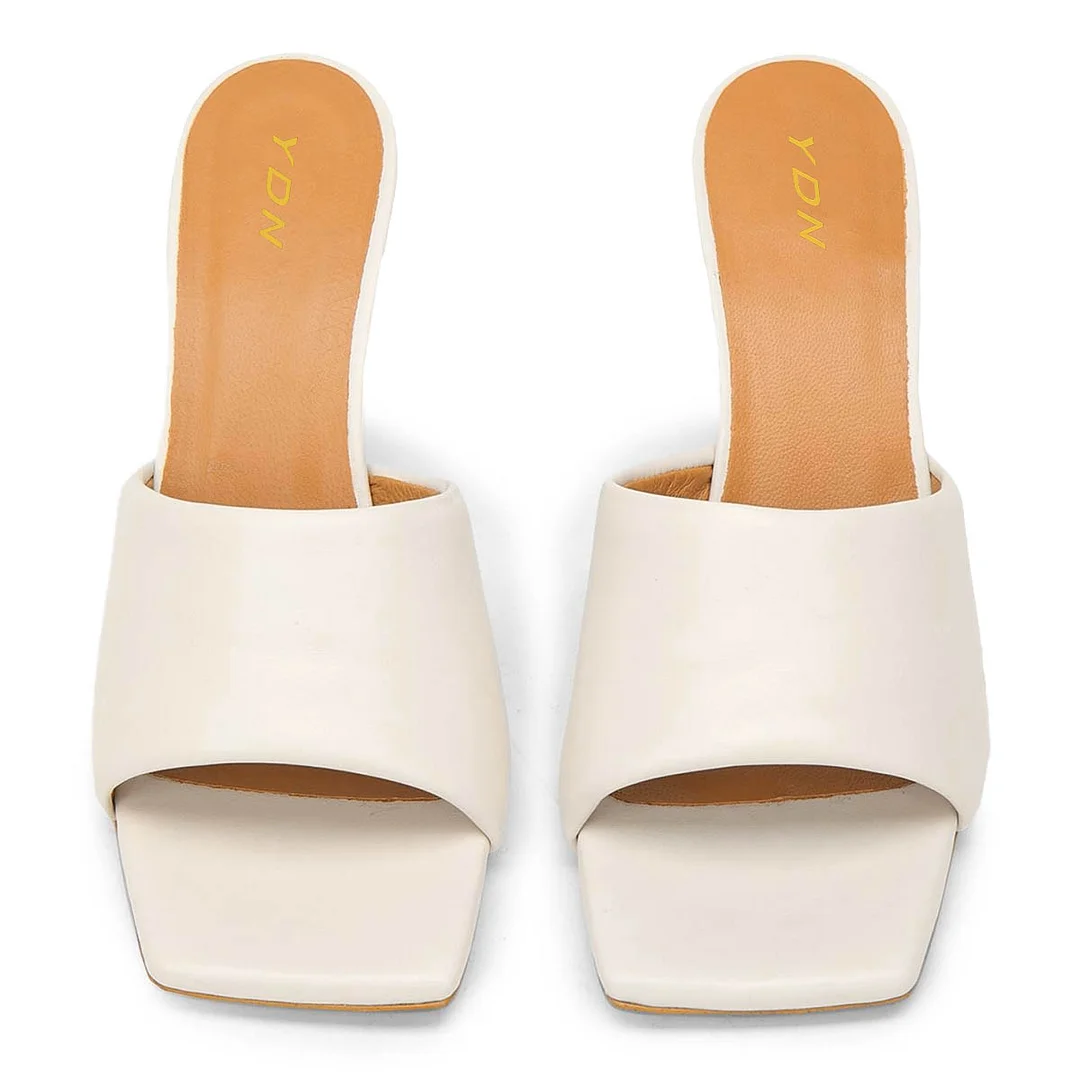 Women's Vegan Leather Wide Band Square Toe Elegant Ivory High Heels