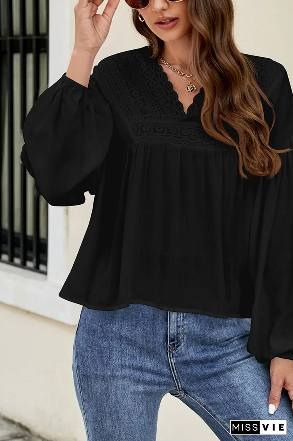 Lace Crochet Lantern Sleeves Chiffon Blouse