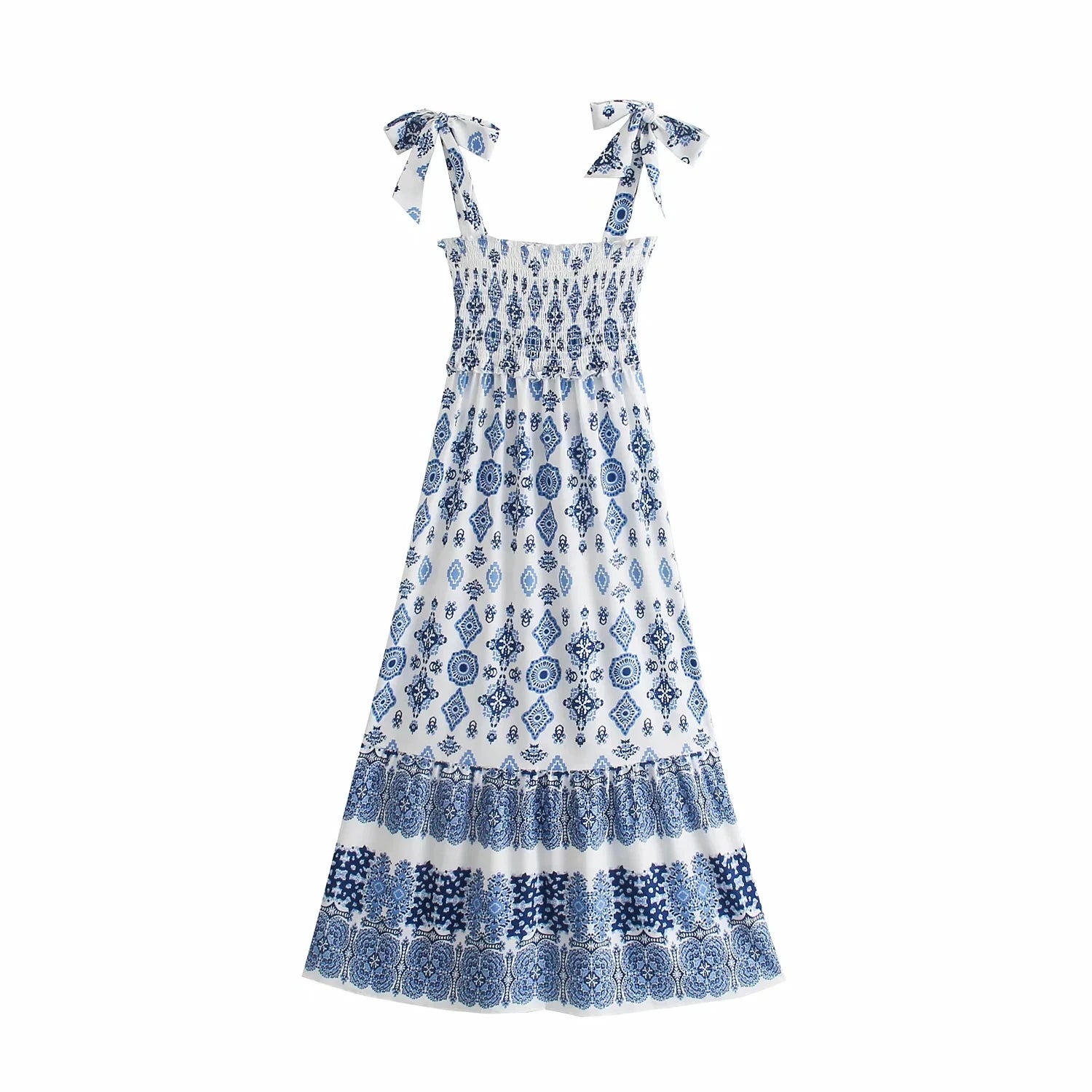 LANFUBEISI Women Summer Vintage Floral Print Maxi Dress Fashion Elastic Waist Backless Bow Tied Straps Female Dresses Vestidos LANFUBEISI