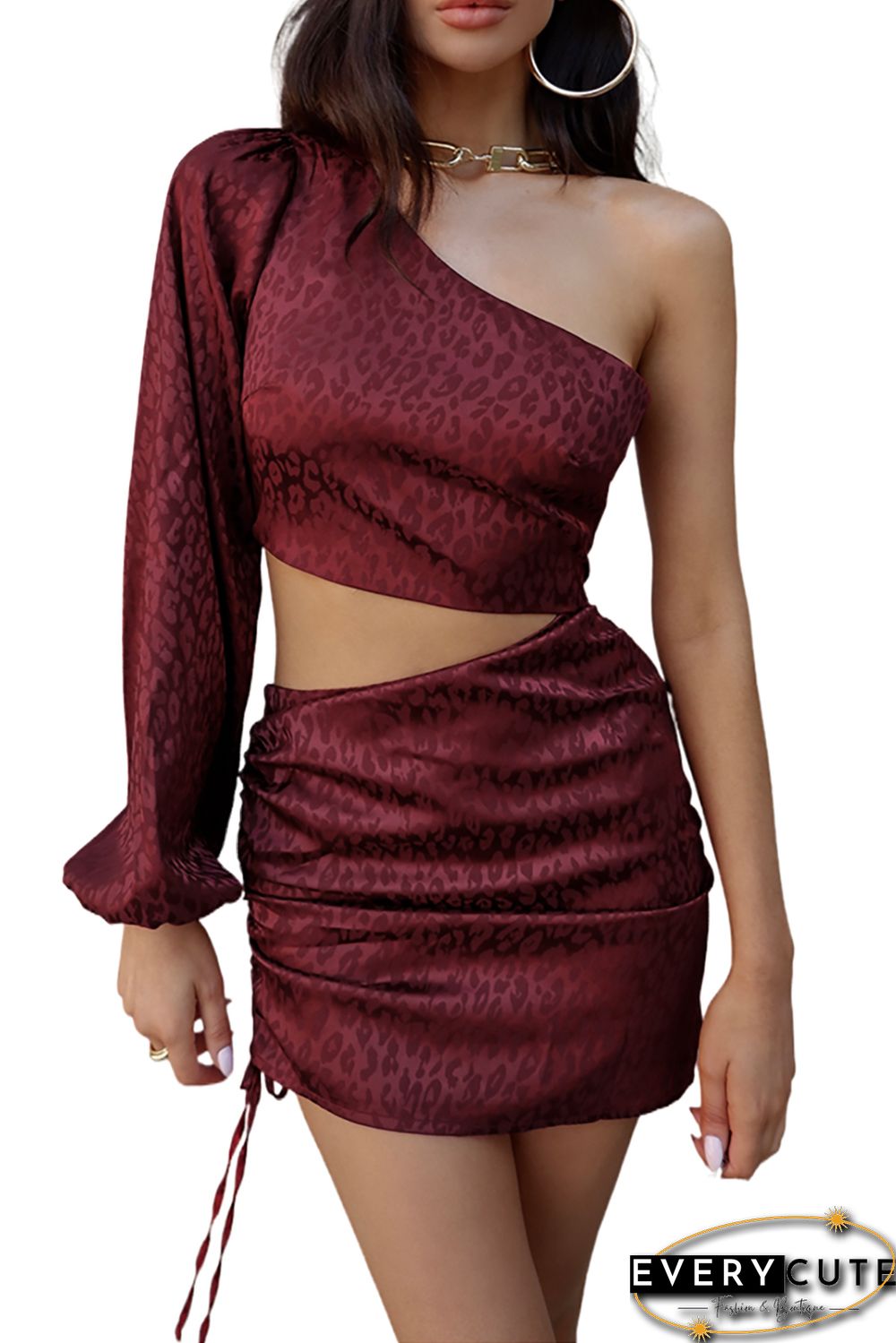 Wine Red Leopard Print Cut-out One Shoulder Mini Dress