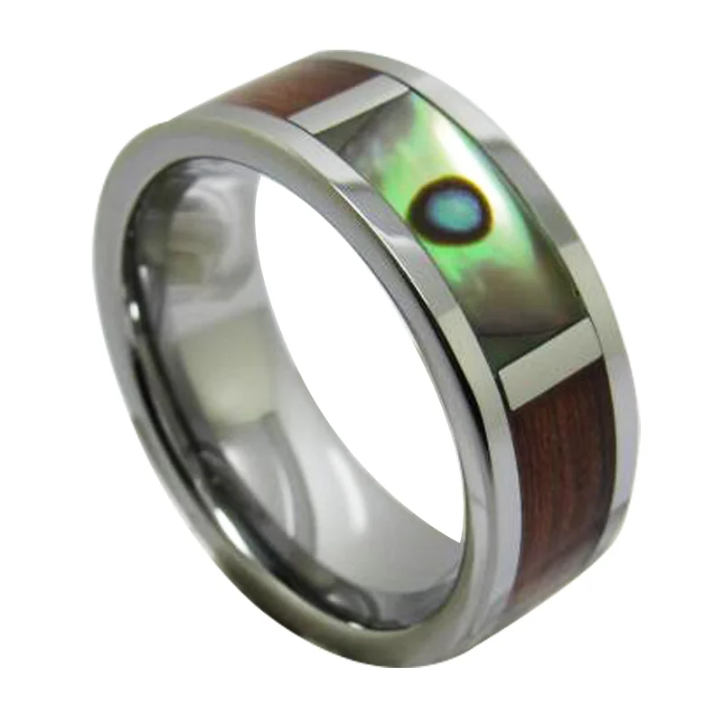 Tungsten Carbide Rings Flat Silver Slotted Six-Piece Abalone And Cross Rosewood For Womens And Mens