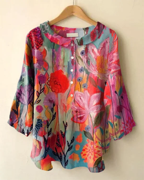 Vintage Floral Print Long Sleeve Peter Pan Collar Shirt