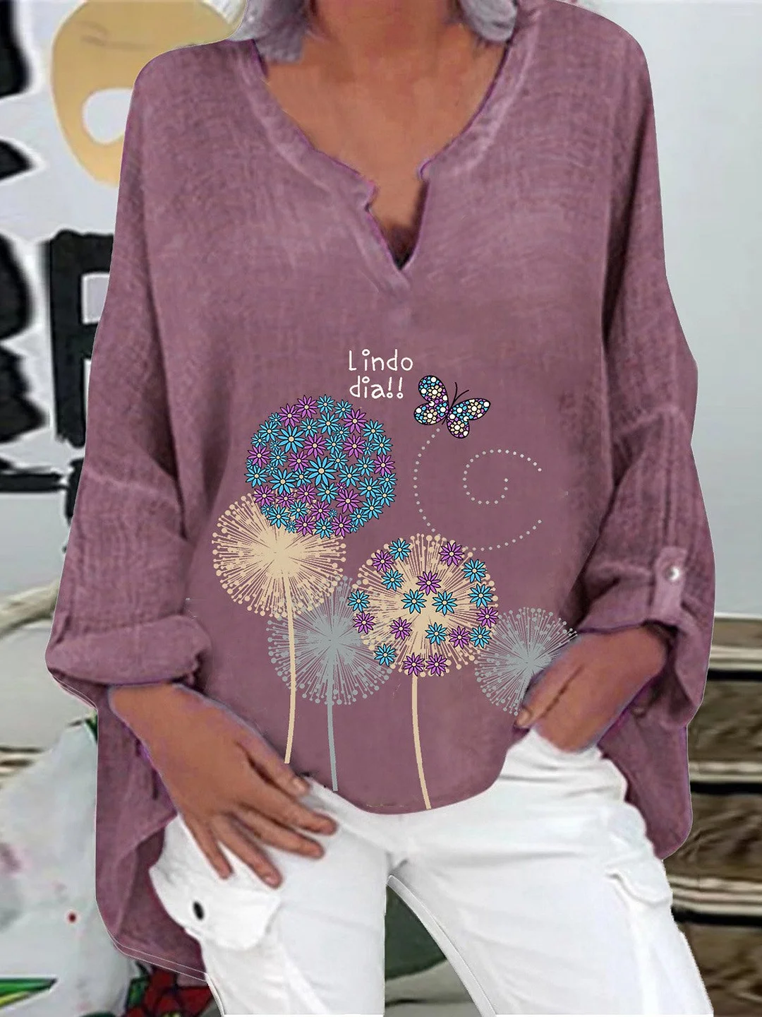 Women's V-neck Long Sleeve Printed Tops