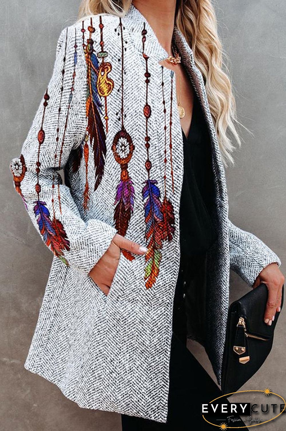 Printed Long Sleeve Pockets Coat