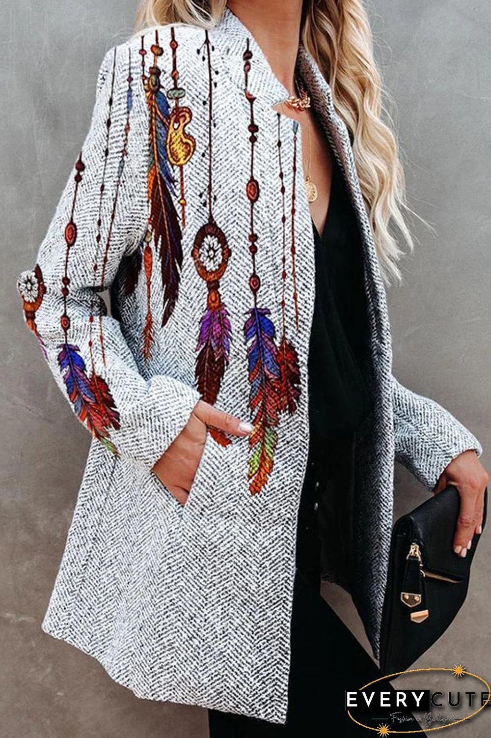 Printed Long Sleeve Pockets Coat