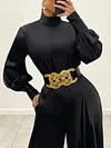 Fashion Solid Color High-Neck Long Sleeve Puff Sleeve Wide Leg Jumpsuit