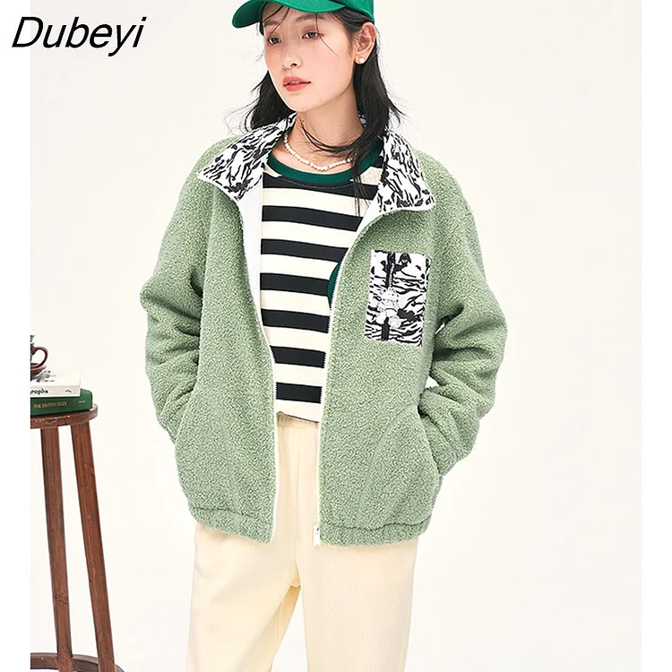 Dubeyi Women Thick Plush Coat 2022 Winter Long Sleeve Stand Collar Loose Jacket Zebra Pattern Green Warm Casual Sweatshirt Top