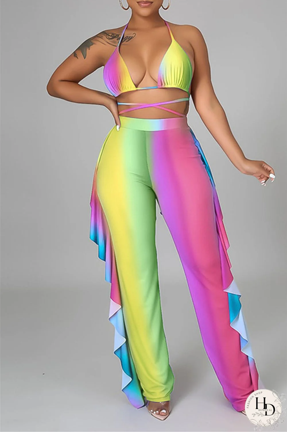 Yellow Fashion Sexy Print Backless Strap Design Halter Sleeveless Three-piece Set