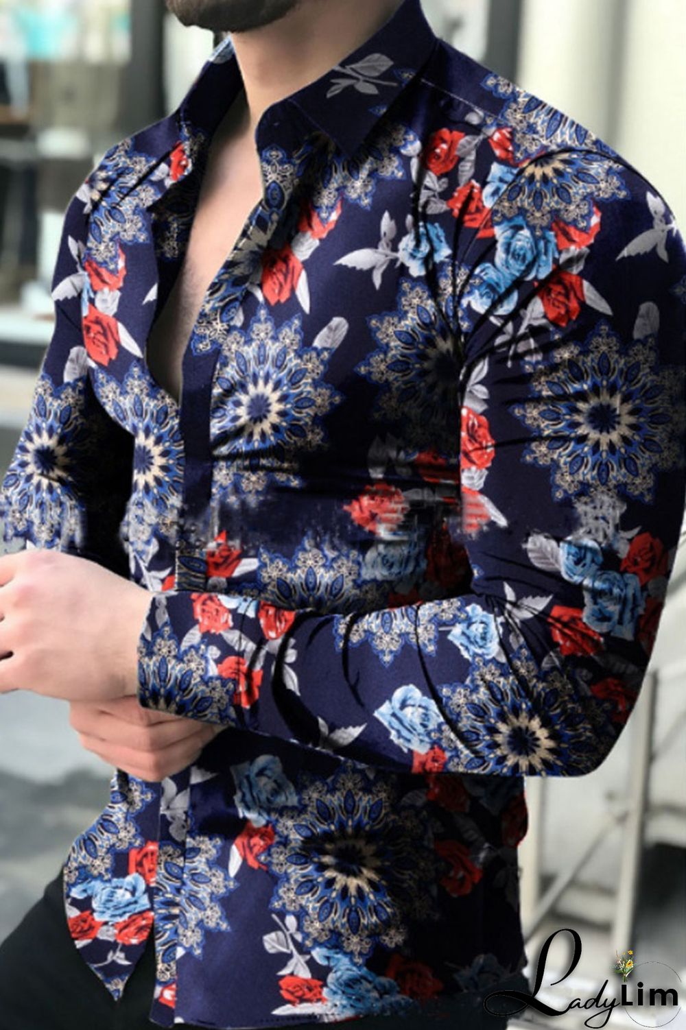 White Fashion Print Split Joint Buckle Turndown Collar Tops