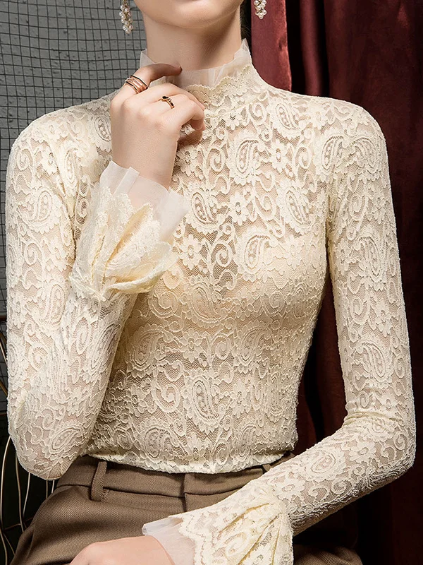 See-Through Solid Color Split-Joint Flared Sleeves Long Sleeves Mock Neck T-Shirts Tops