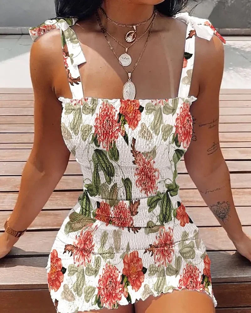 Summer Floral Sling Mini Dress Women Fashion Beach Style Stretch Slim Floral Sleeveless Mini Dress Women